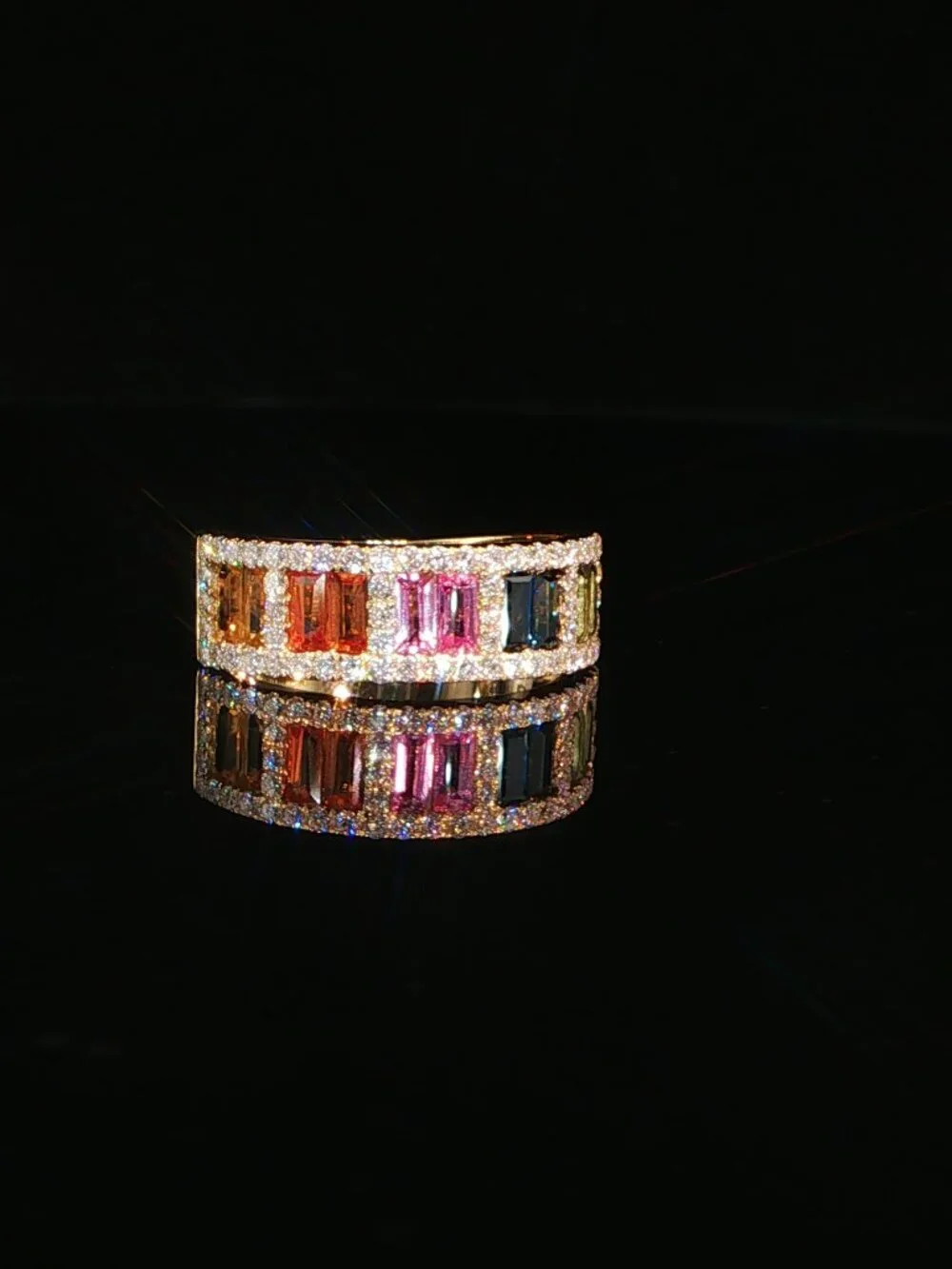 Rainbow Baguette Diamond Wide Band Cocktail Statement Ring| Lab grown diamond